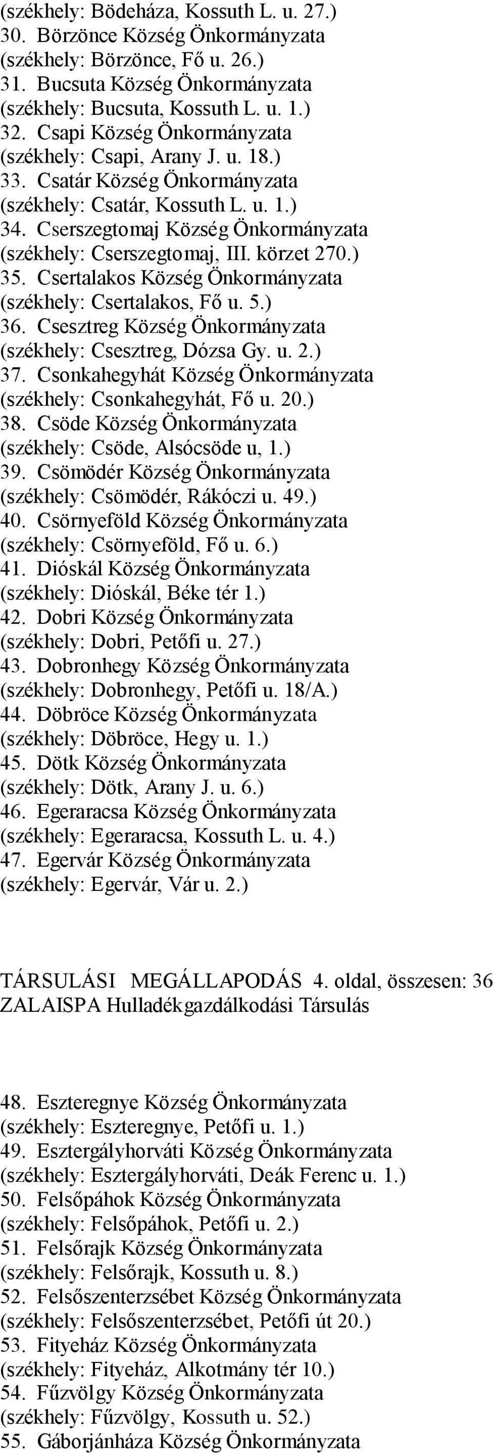 körzet 270.) 35. Csertalakos Község Önkormányzata (székhely: Csertalakos, Fő u. 5.) 36. Csesztreg Község Önkormányzata (székhely: Csesztreg, Dózsa Gy. u. 2.) 37.