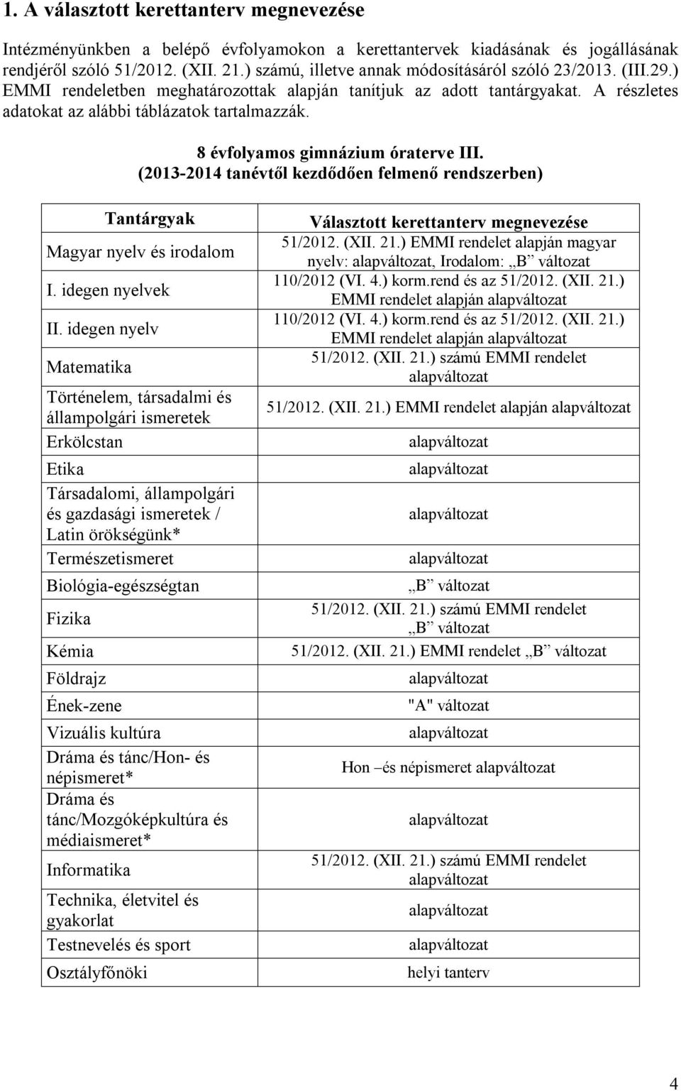 8 évfolyamos gimnázium óraterve III. (2013-2014 tanévtől kezdődően felmenő rendszerben) Tantárgyak Magyar nyelv és irodalom I. idegen nyelvek II.