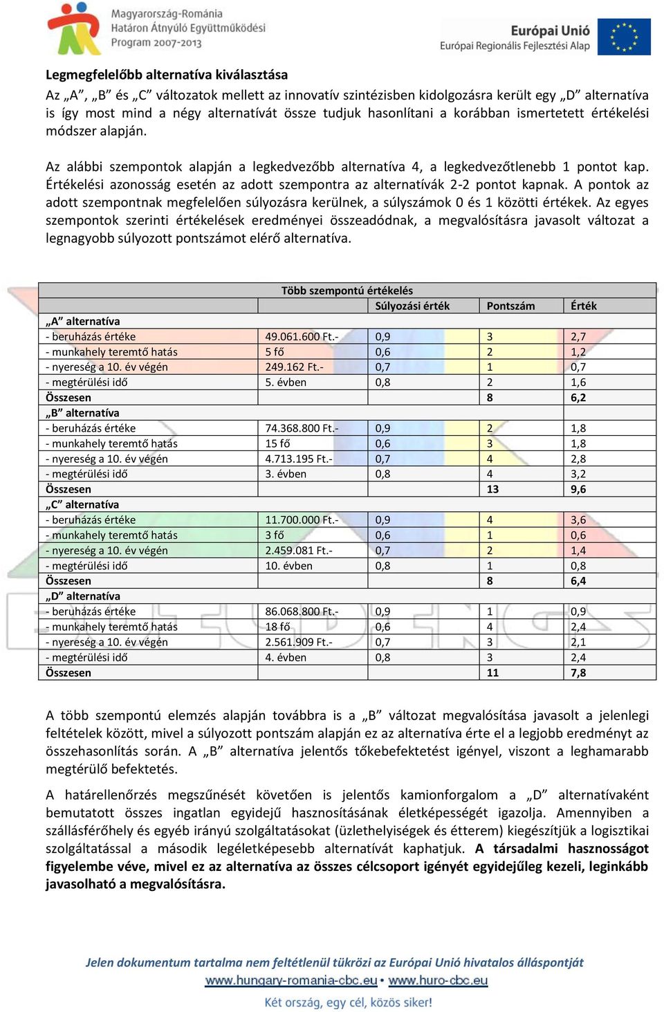 Értékelési azonosság esetén az adott szempontra az alternatívák 2-2 pontot kapnak. A pontok az adott szempontnak megfelelően súlyozásra kerülnek, a súlyszámok 0 és 1 közötti értékek.