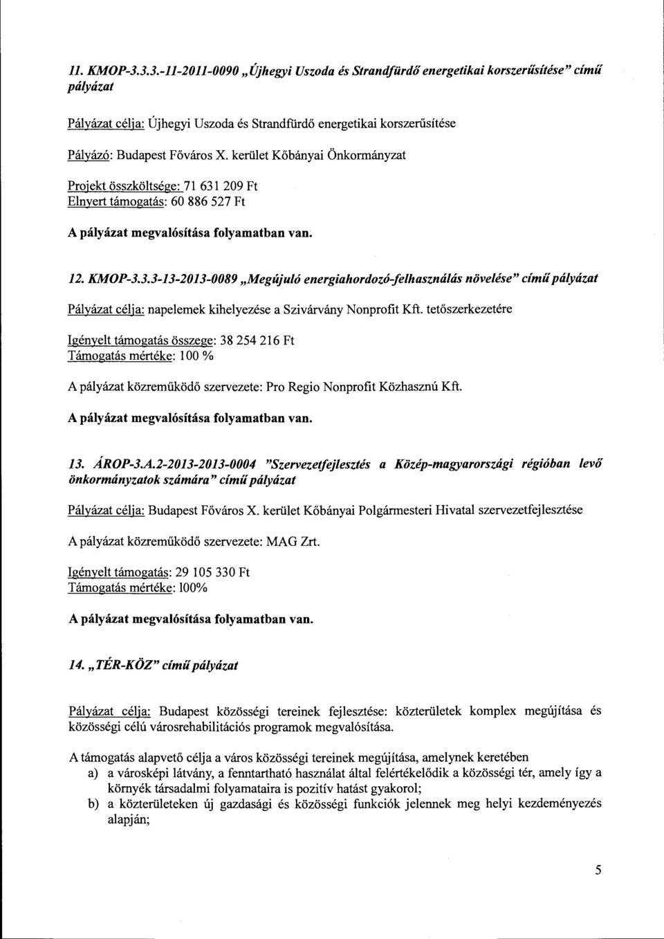 tetőszerkezetére Igényelt támogatás összege: 38 254 216 Ft Támogatás mértéke: l 00 % A pályázat közreműködő szervezete: Pro Regio Nonprofit Közhasznú Kft. A pályázat megvalósítása folyamatban van. 13.