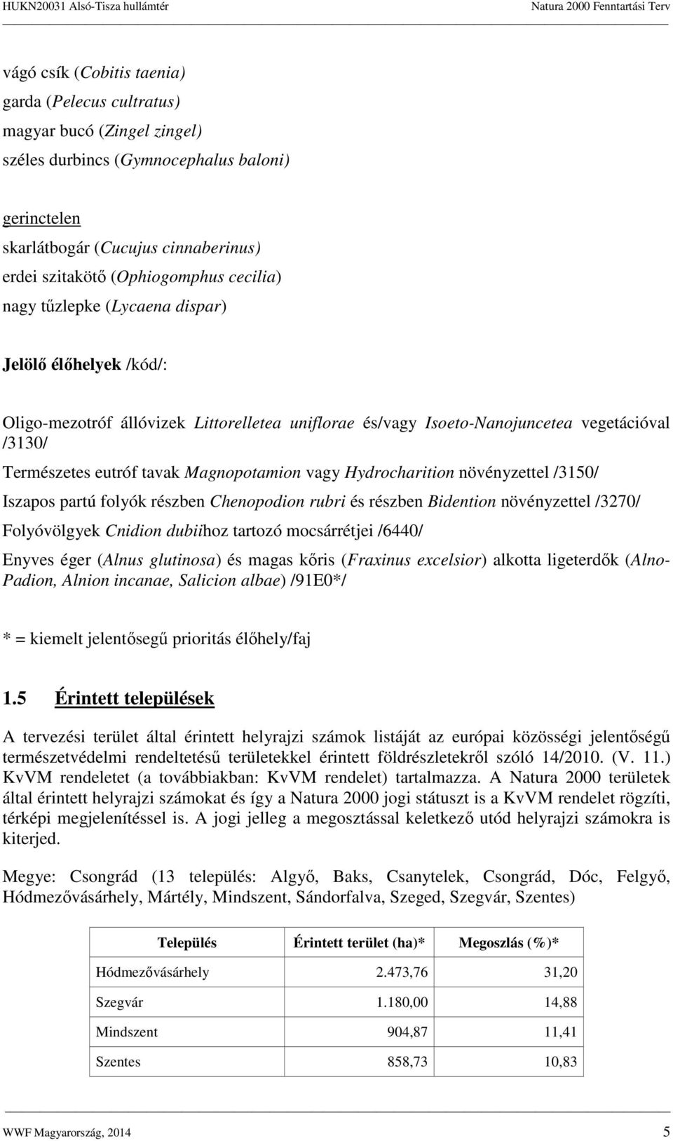 vagy Hydrocharition növényzettel /3150/ Iszapos partú folyók részben Chenopodion rubri és részben Bidention növényzettel /3270/ Folyóvölgyek Cnidion dubiihoz tartozó mocsárrétjei /6440/ Enyves éger