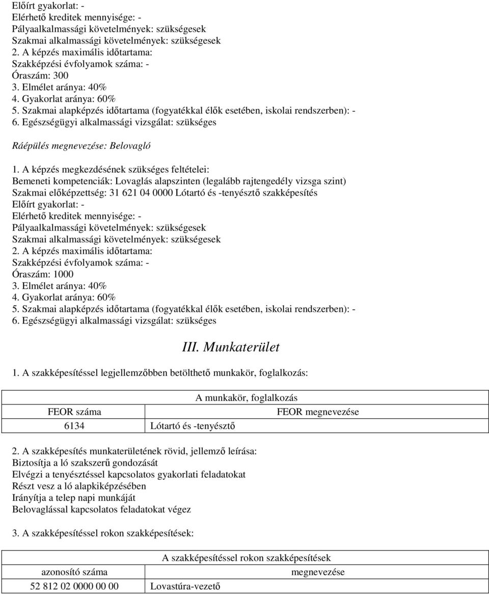 Szakmai alapképzés időtartama (fogyatékkal élők esetében, iskolai rendszerben): - 6. Egészségügyi alkalmassági vizsgálat: szükséges Ráépülés megnevezése: Belovagló 1.