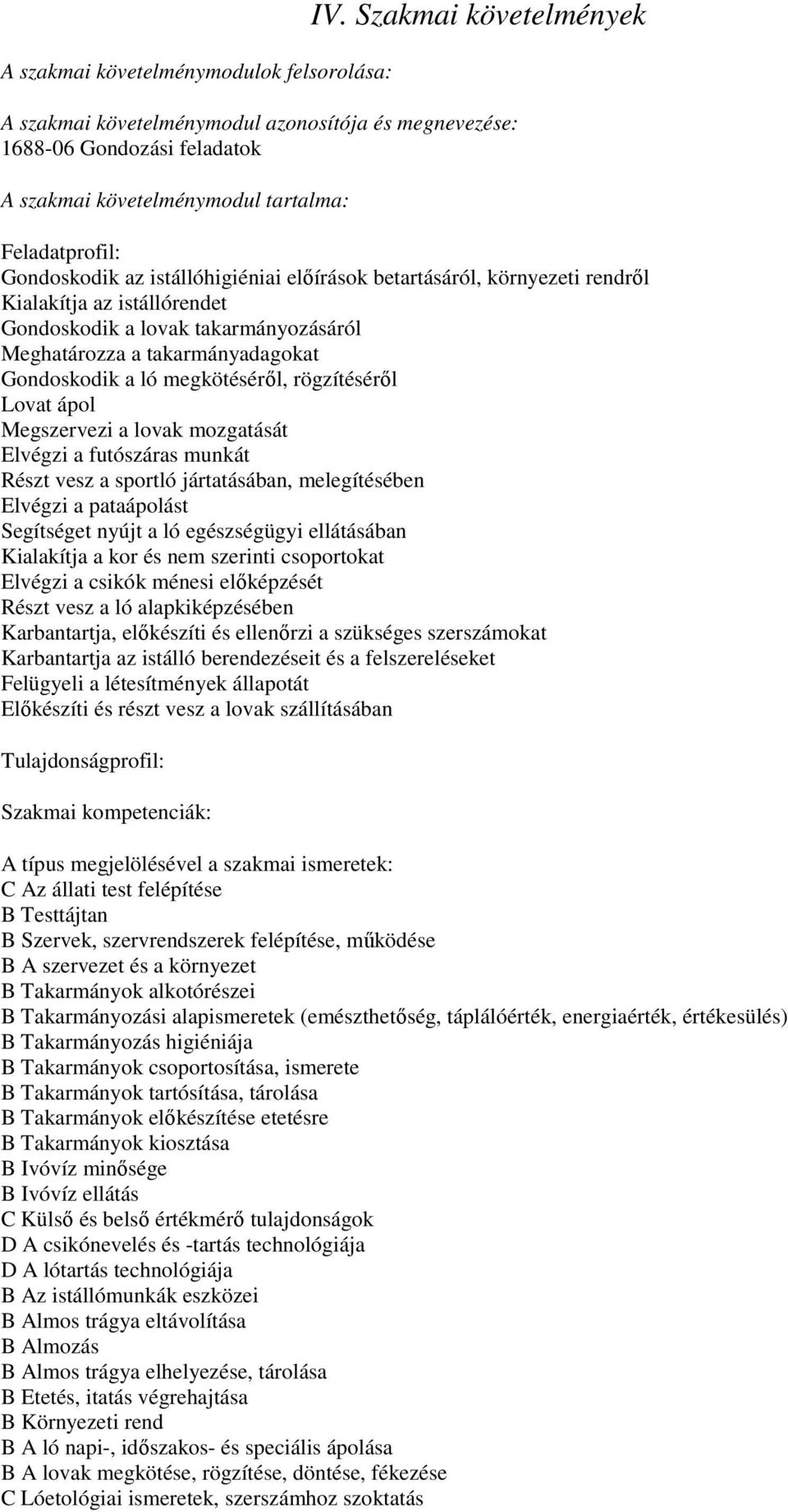 betartásáról, környezeti rendről Kialakítja az istállórendet Gondoskodik a lovak takarmányozásáról Meghatározza a takarmányadagokat Gondoskodik a ló megkötéséről, rögzítéséről Lovat ápol Megszervezi