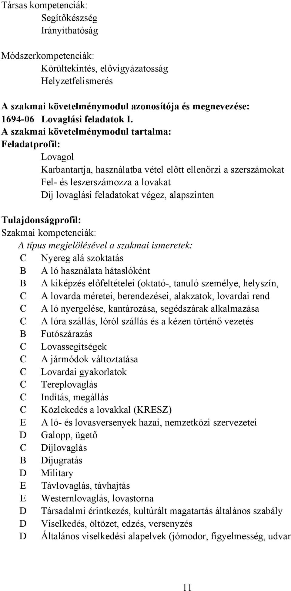 A szakmai követelménymodul tartalma: Feladatprofil: Lovagol Karbantartja, használatba vétel előtt ellenőrzi a szerszámokat Fel- és leszerszámozza a lovakat íj lovaglási feladatokat végez, alapszinten