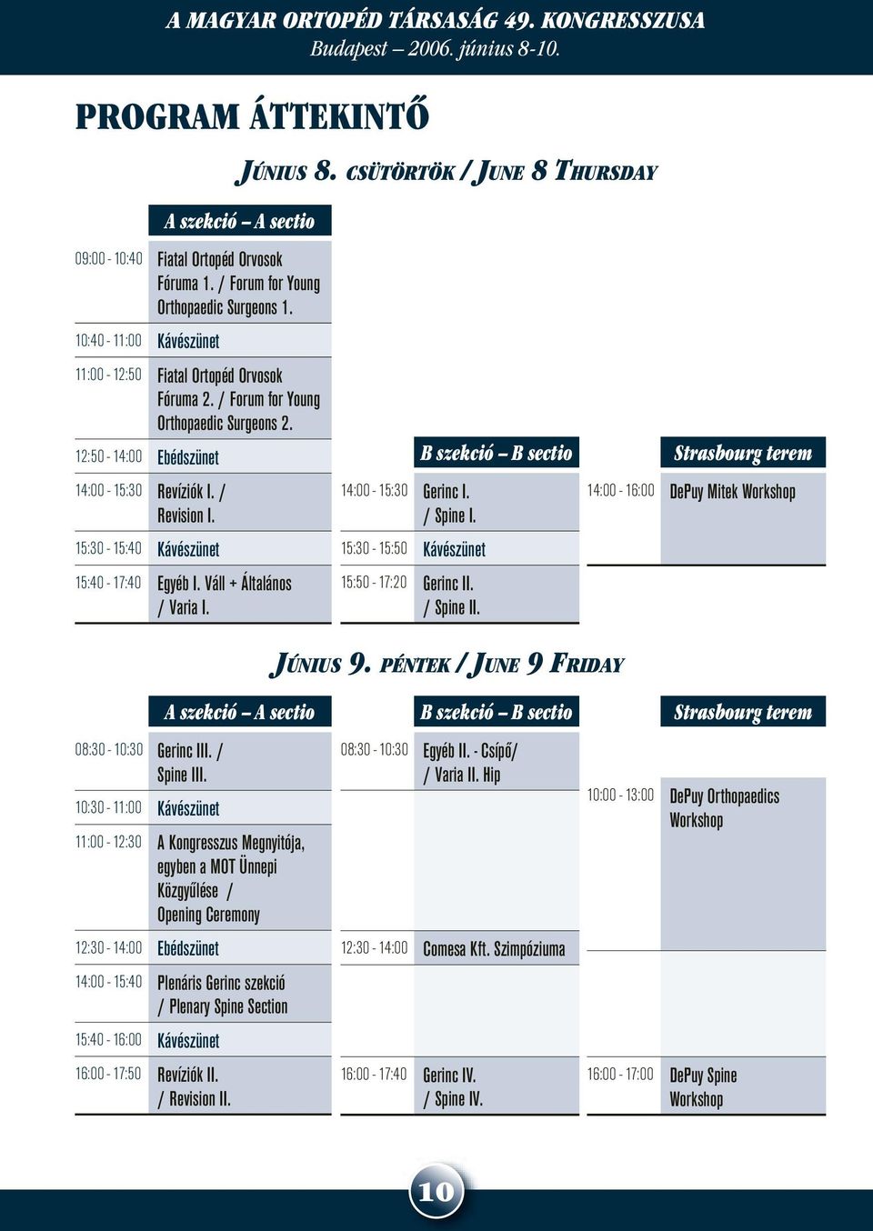 / Revision I. 15:30-15:40 Kávészünet A szekció A sectio 15:40-17:40 Egyéb I. Váll + Általános / Varia I. 14:00-15:30 Gerinc I. / Spine I. 15:30-15:50 Kávészünet 15:50-17:20 Gerinc II. / Spine II.