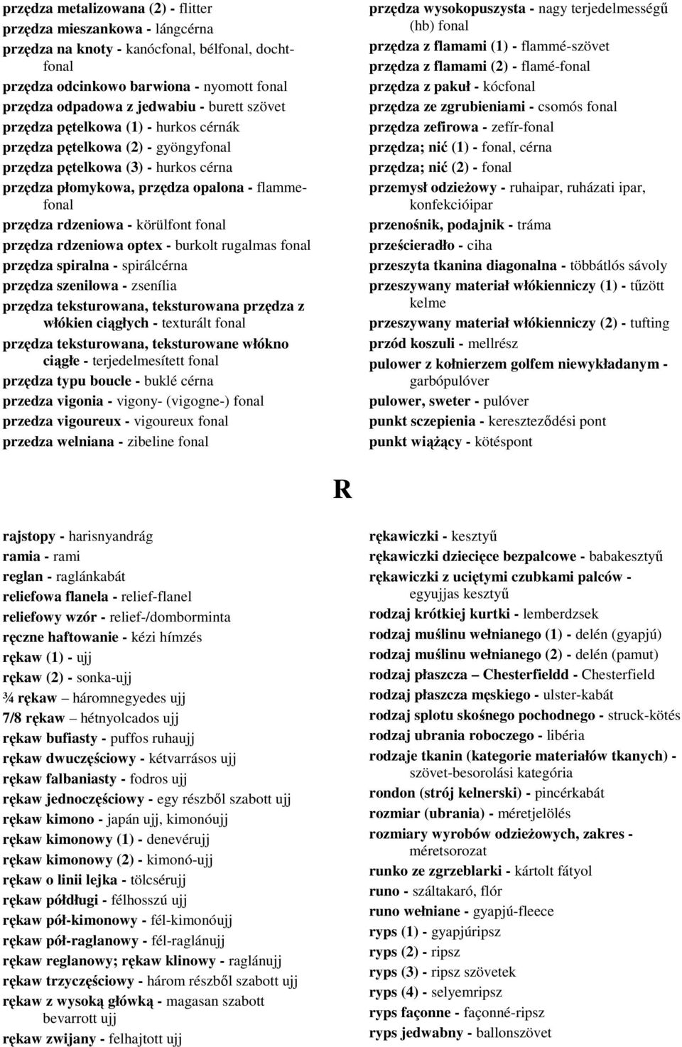 fonal przędza rdzeniowa optex - burkolt rugalmas fonal przędza spiralna - spirálcérna przędza szenilowa - zsenília przędza teksturowana, teksturowana przędza z włókien ciągłych - texturált fonal