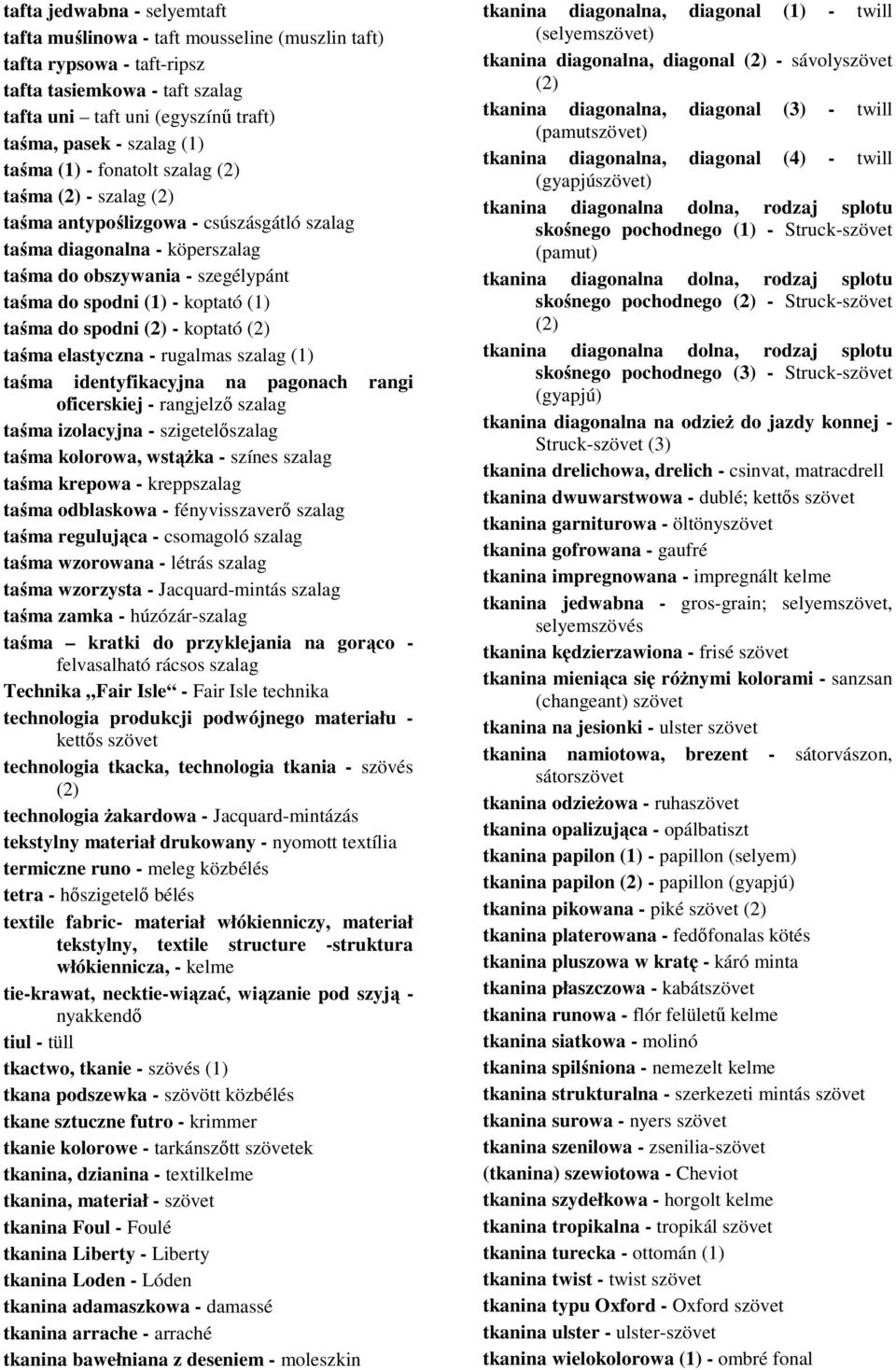 taśma do spodni (2) - koptató (2) taśma elastyczna - rugalmas szalag (1) taśma identyfikacyjna na pagonach rangi oficerskiej - rangjelzı szalag taśma izolacyjna - szigetelıszalag taśma kolorowa,