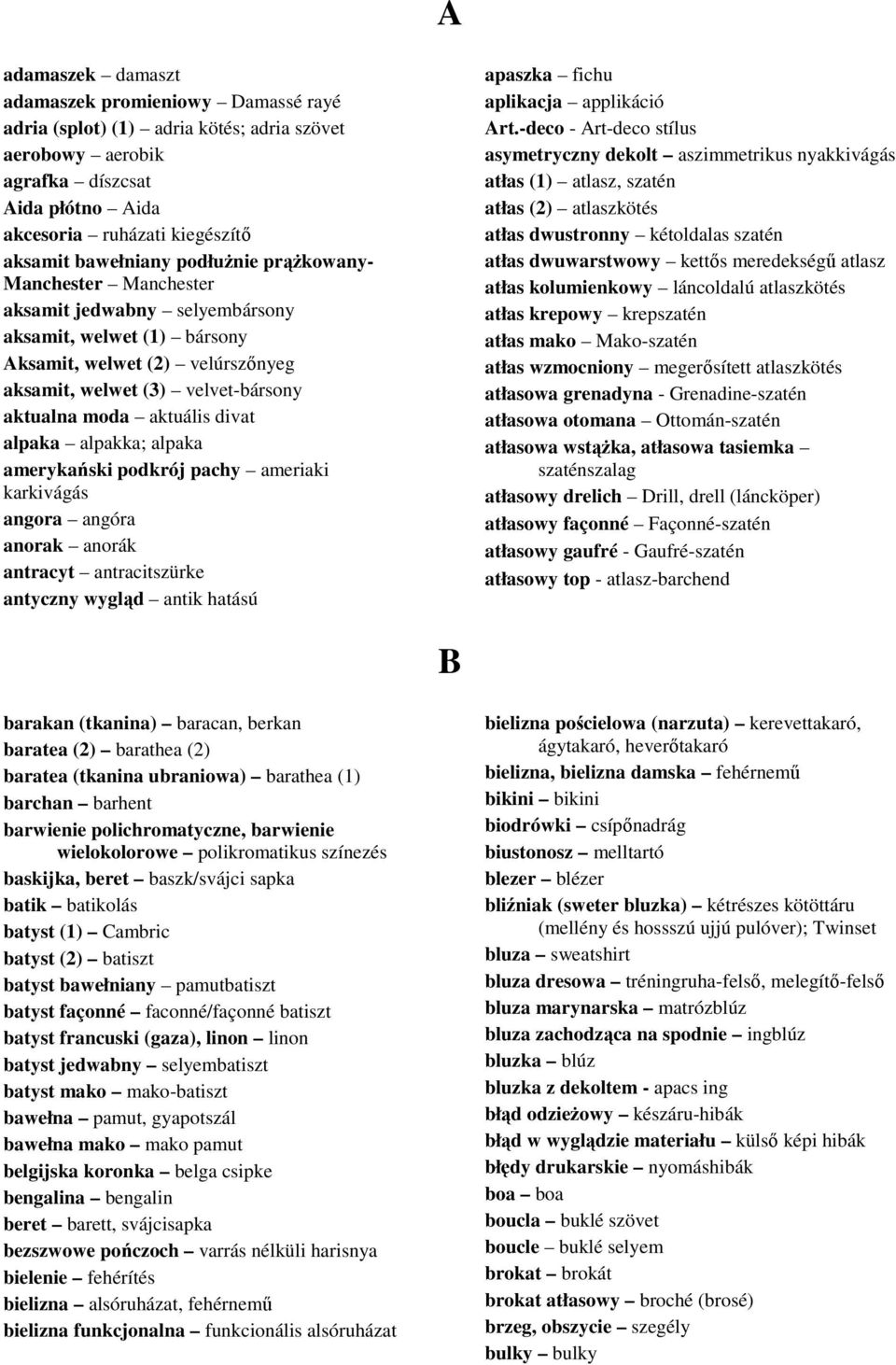 alpaka alpakka; alpaka amerykański podkrój pachy ameriaki karkivágás angora angóra anorak anorák antracyt antracitszürke antyczny wygląd antik hatású apaszka fichu aplikacja applikáció Art.