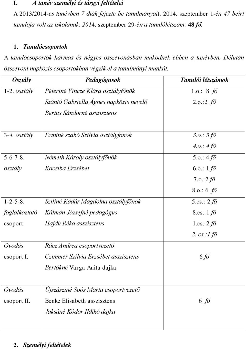 Osztály Pedagógusok Tanulói létszámok 1-2. osztály Péteriné Vincze Klára osztályfőnök Szántó Gabriella Ágnes napközis nevelő Bertus Sándorné asszisztens 1.o.: 8 fő 2.o.:2 fő 3-4.