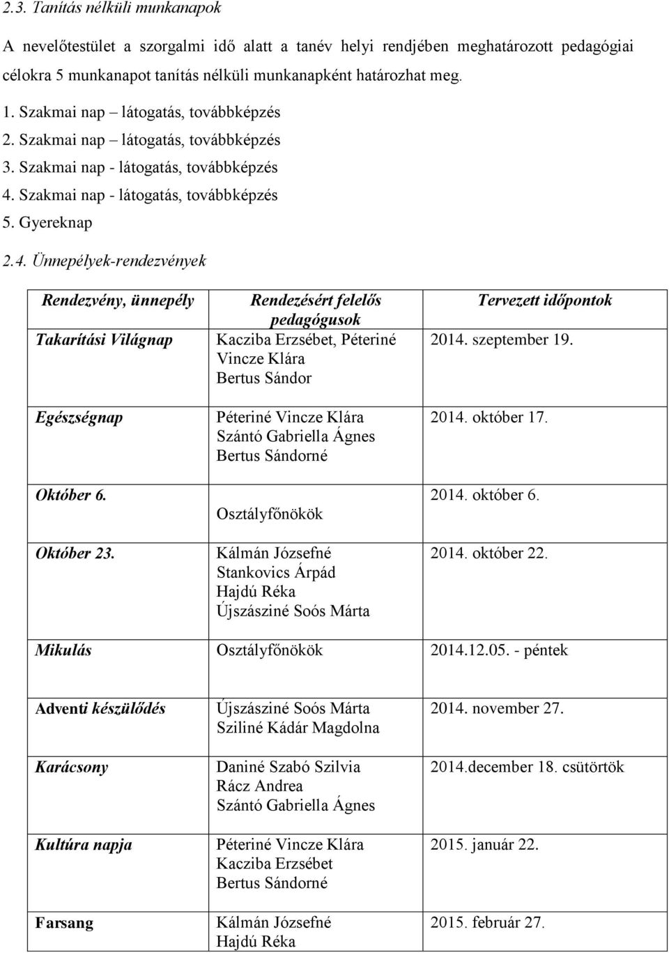 Szakmai nap - látogatás, továbbképzés 5. Gyereknap 2.4. Ünnepélyek-rendezvények Rendezvény, ünnepély Takarítási Világnap Egészségnap Október 6. Október 23.