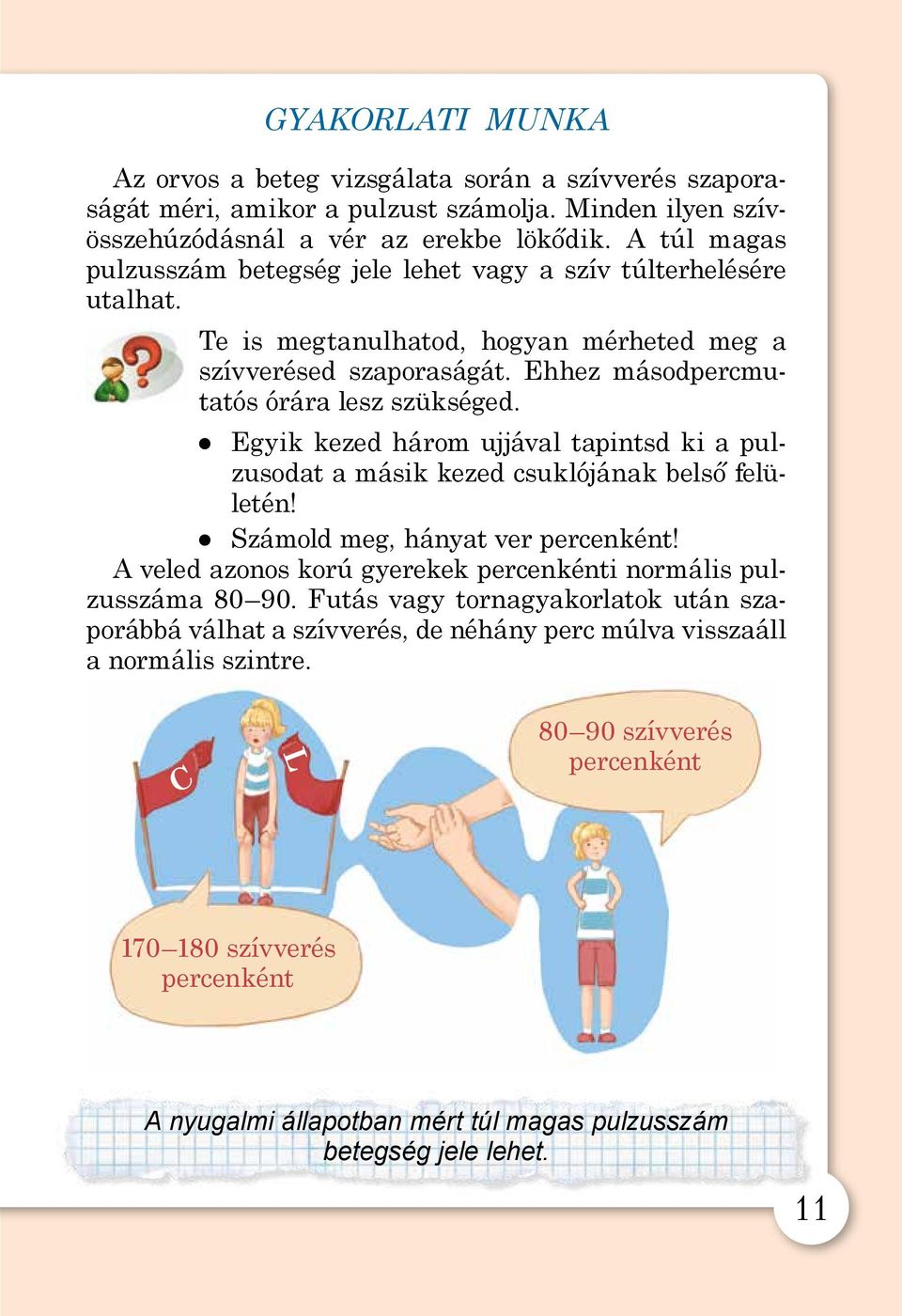 Egyik kezed három ujjával tapintsd ki a pulzusodat a másik kezed csuklójának belső felületén! Számold meg, hányat ver percenként! A veled azonos korú gyerekek percenkénti normális pulzusszáma 80 90.