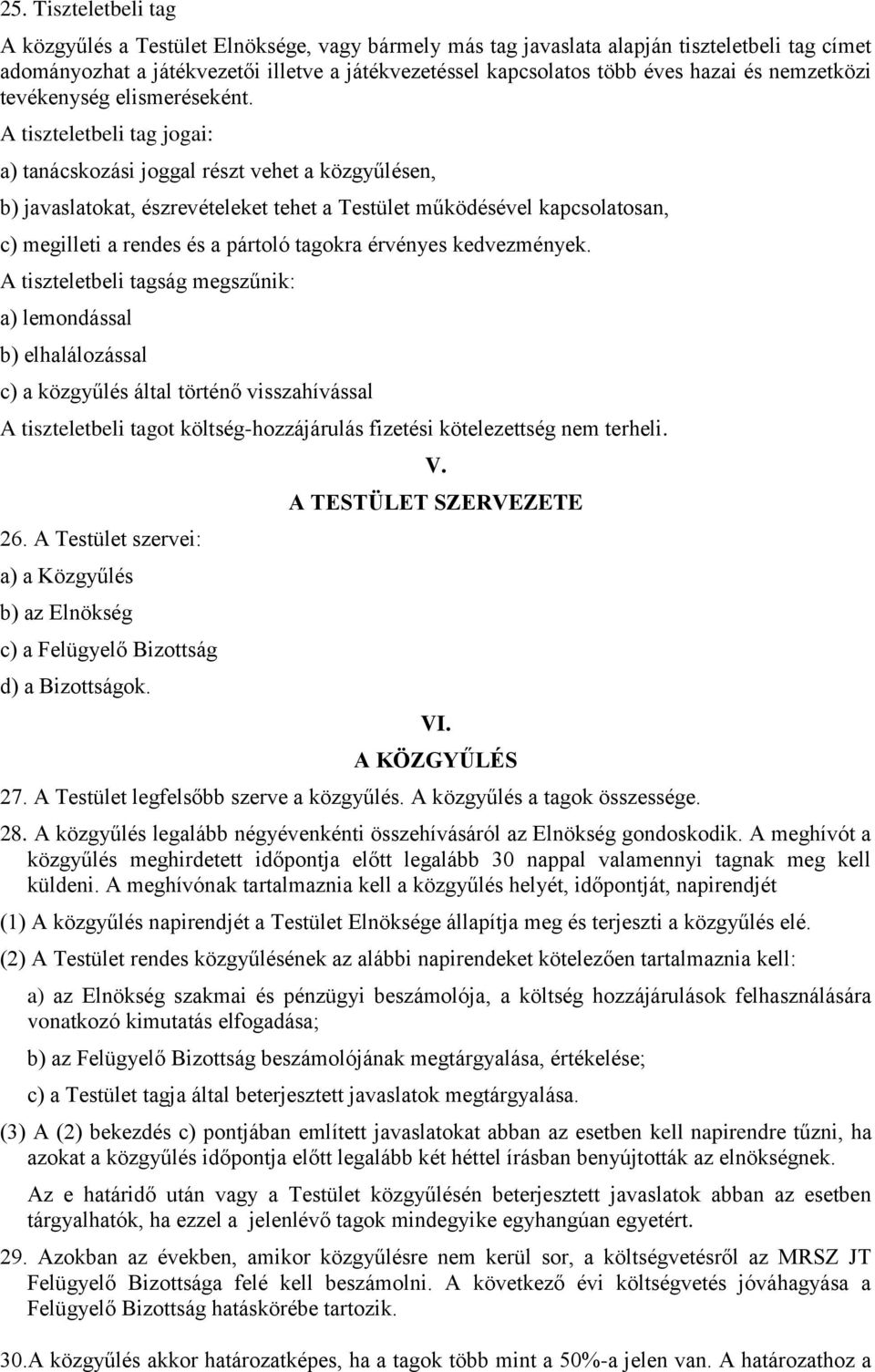 A tiszteletbeli tag jogai: a) tanácskozási joggal részt vehet a közgyűlésen, b) javaslatokat, észrevételeket tehet a Testület működésével kapcsolatosan, c) megilleti a rendes és a pártoló tagokra