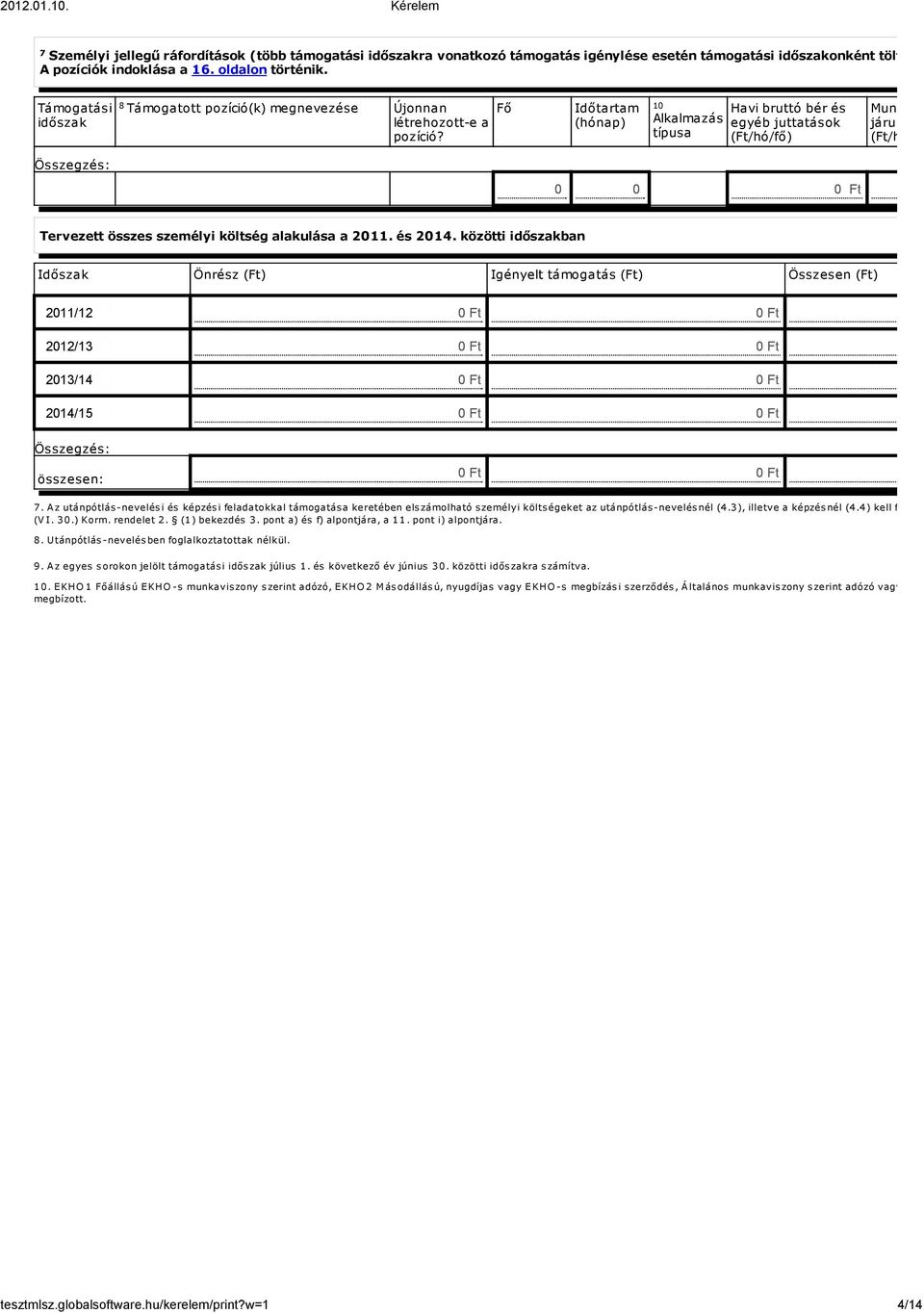 8 10 Fő Időtartam (hónap) Alkalmazás típusa Havi bruttó bér és egyéb juttatások (Ft/hó/fő) 0 0 0 Ft Munkáltatói járulékok (Ft/hó/fő) Tervezett összes személyi költség alakulása a 2011. és 2014.