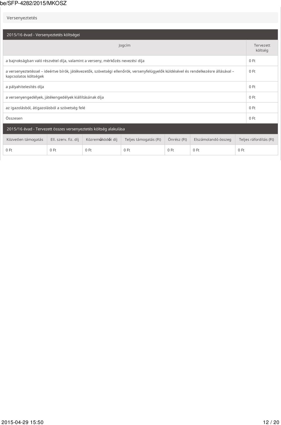 versenyengedélyek, játékengedélyek kiállításának díja az igazolásból, átigazolásból a szövetség felé Összesen Tervezett költség 2015/16 évad - Tervezett összes