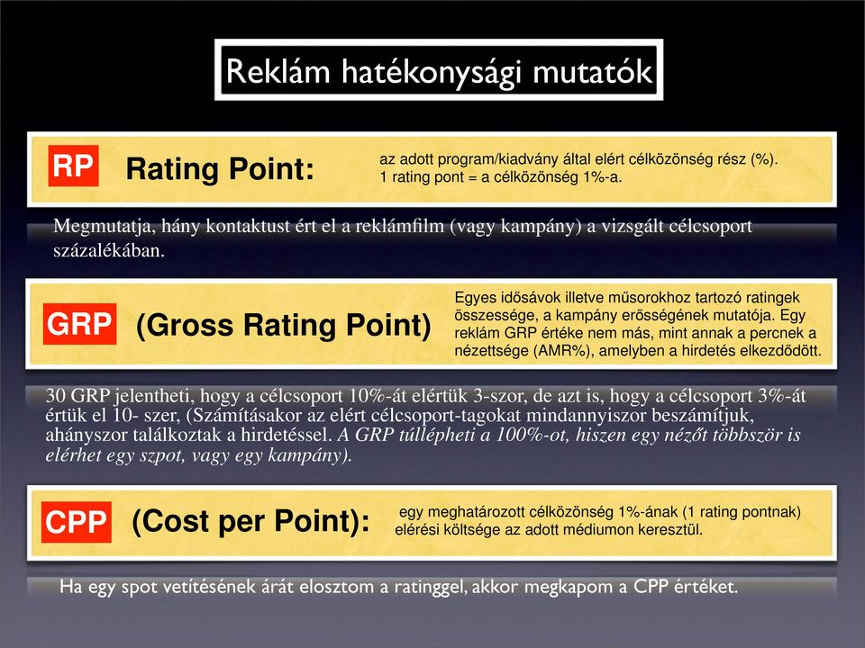 GRP (Gross Rating Point) Egyes idősávok illetve műsorokhoz tartozó ratingek összessége, a kampány erősségének mutatója.