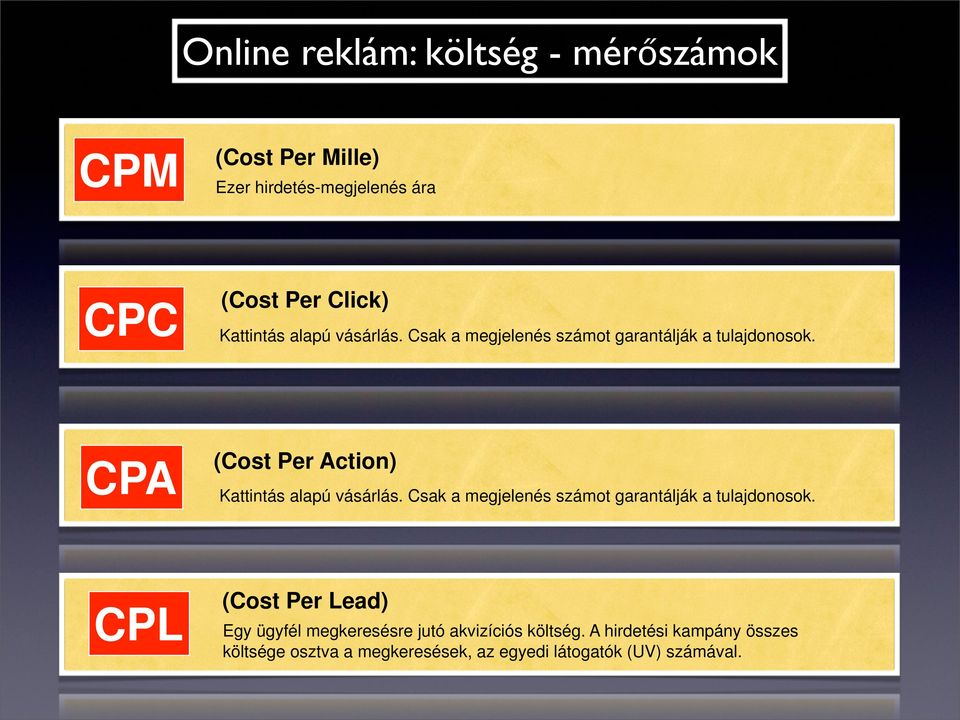 CPA (Cost Per Action)  CPL (Cost Per Lead) Egy ügyfél megkeresésre jutó akvizíciós költség.