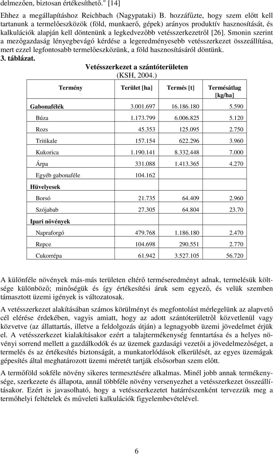 Smonin szerint a mezőgazdaság lényegbevágó kérdése a legeredményesebb vetésszerkezet összeállítása, mert ezzel legfontosabb termelőeszközünk, a föld hasznosításáról döntünk. 3. táblázat.