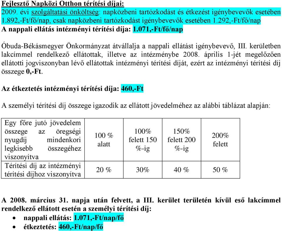071,-Ft/fő/nap Óbuda-Békásmegyer Önkormányzat átvállalja a nappali ellátást igénybevevő, III. kerületben lakcímmel rendelkező ellátottak, illetve az intézménybe 2008.