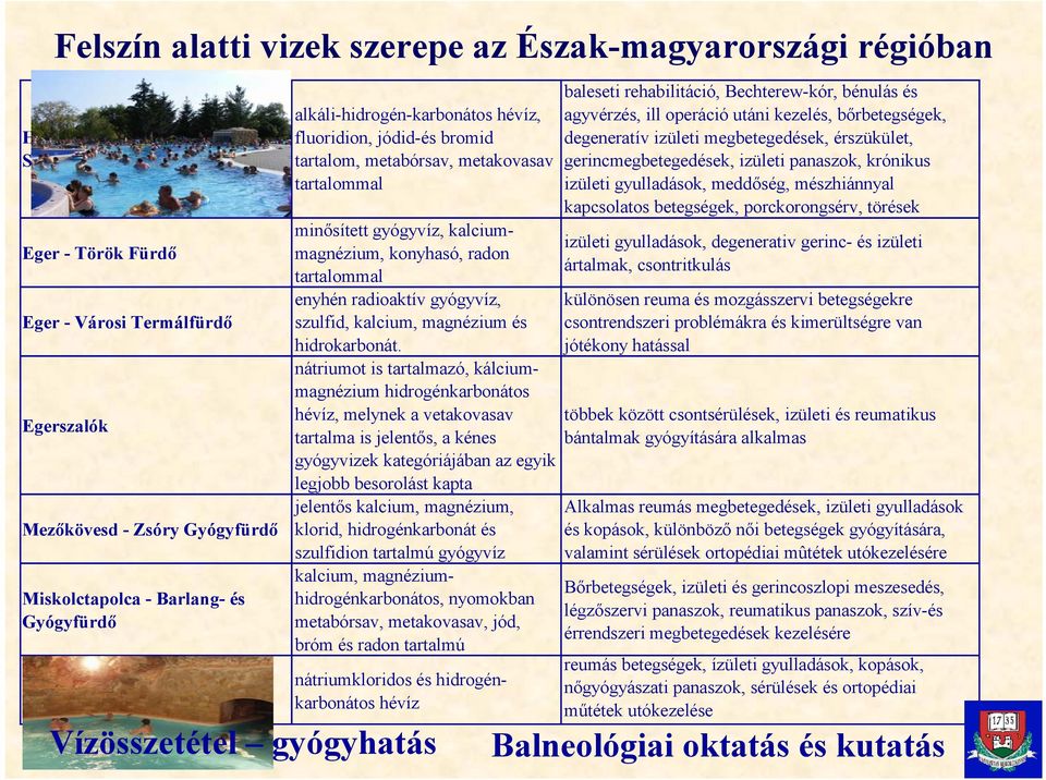 konyhasó, radon tartalommal enyhén radioaktív gyógyvíz, szulfid, kalcium, magnézium és hidrokarbonát.