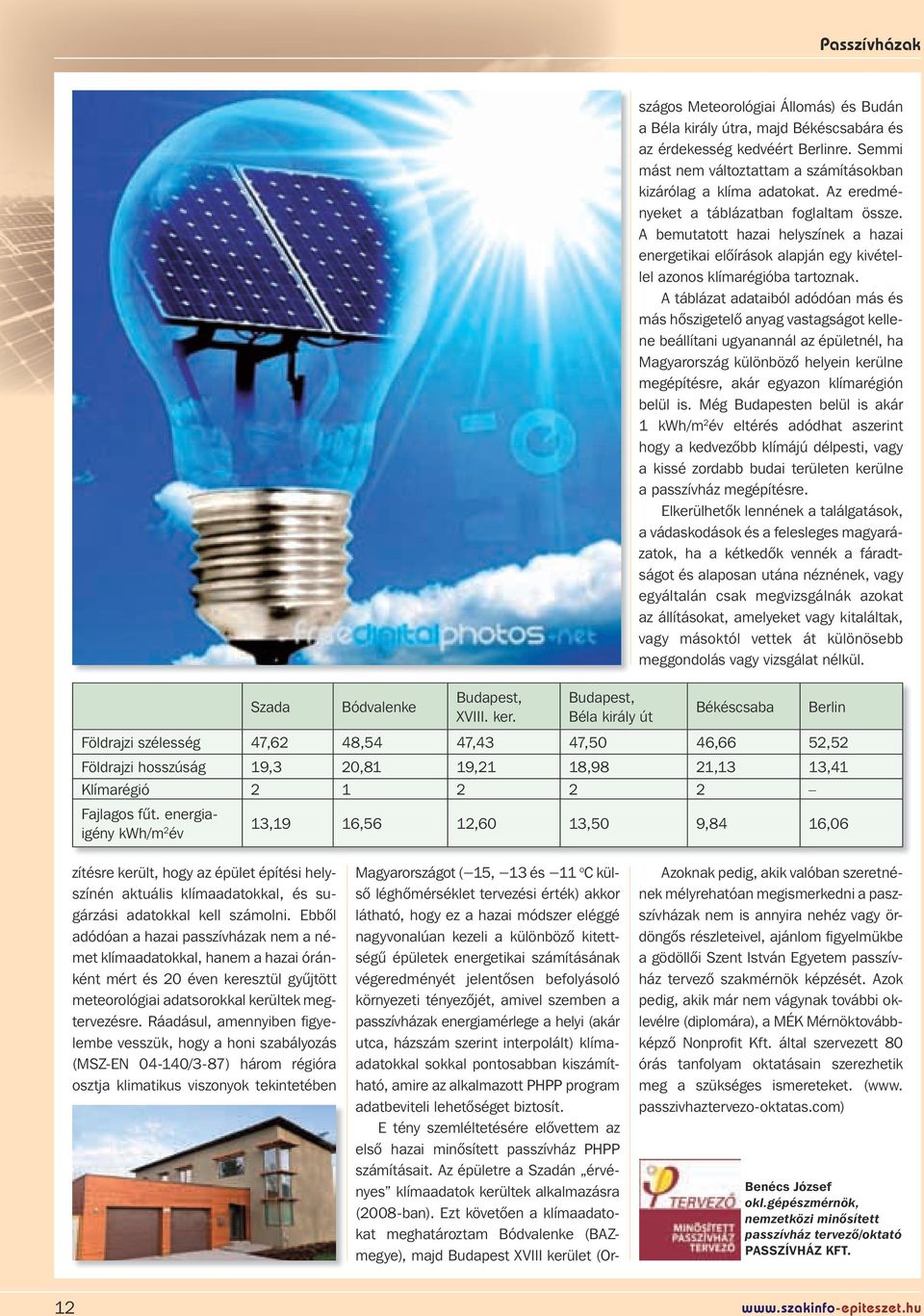 energetikai számításának végeredményét jelentôsen befolyásoló környezeti tényezôjét, amivel szemben a passzívházak energiamérlege a helyi (akár utca, házszám szerint interpolált) klímaadatokkal