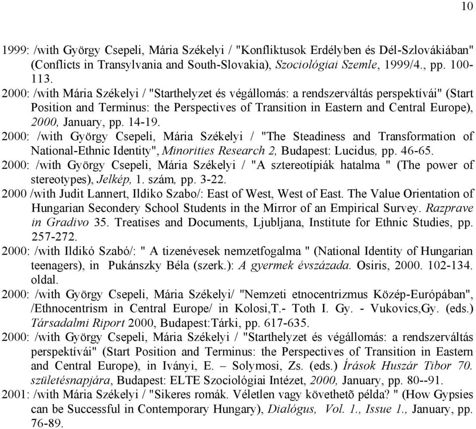 14-19. 2000: /with György Csepeli, Mária Székelyi / "The Steadiness and Transformation of National-Ethnic Identity", Minorities Research 2, Budapest: Lucidus, pp. 46-65.