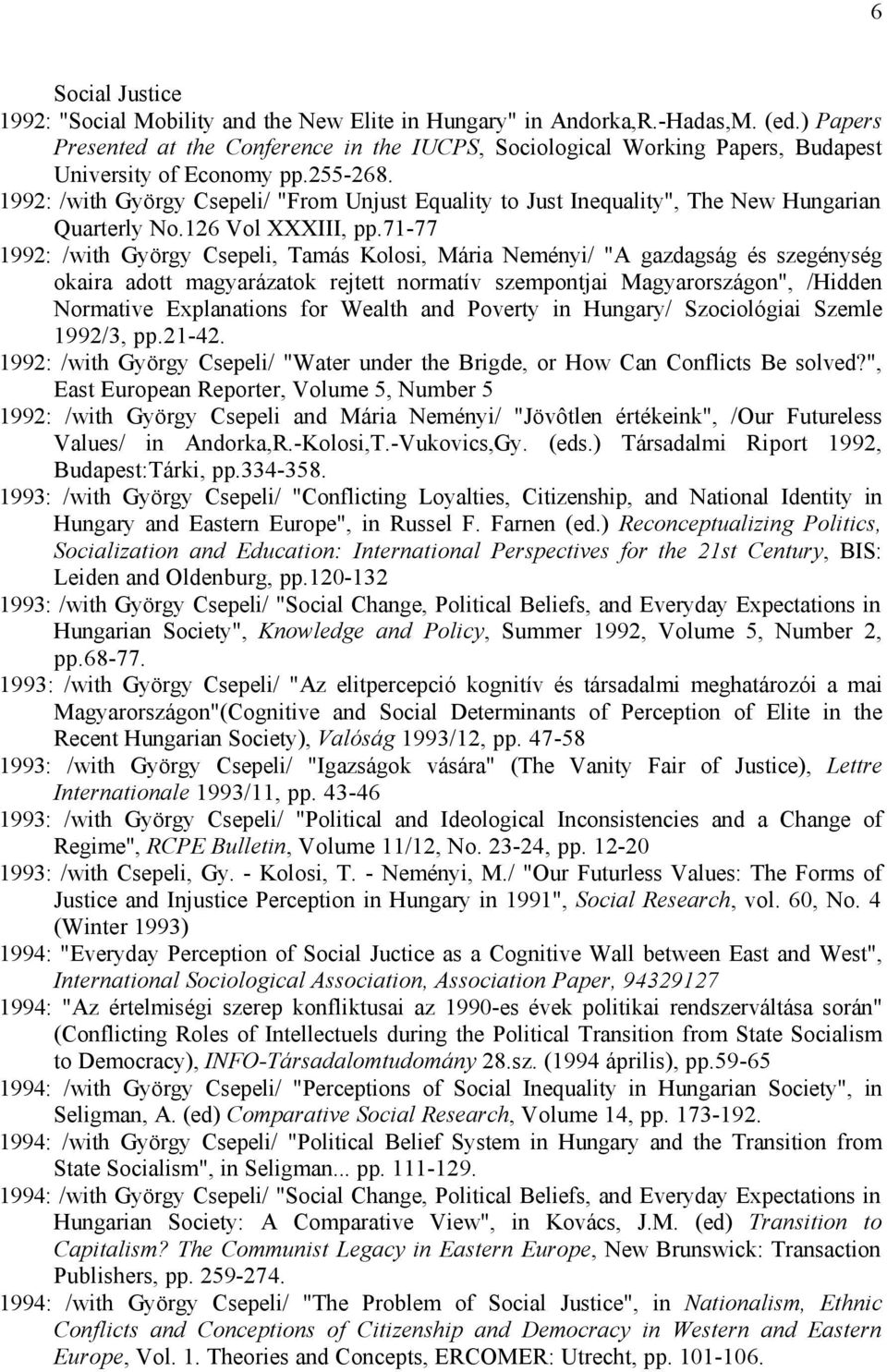 1992: /with György Csepeli/ "From Unjust Equality to Just Inequality", The New Hungarian Quarterly No.126 Vol XXXIII, pp.