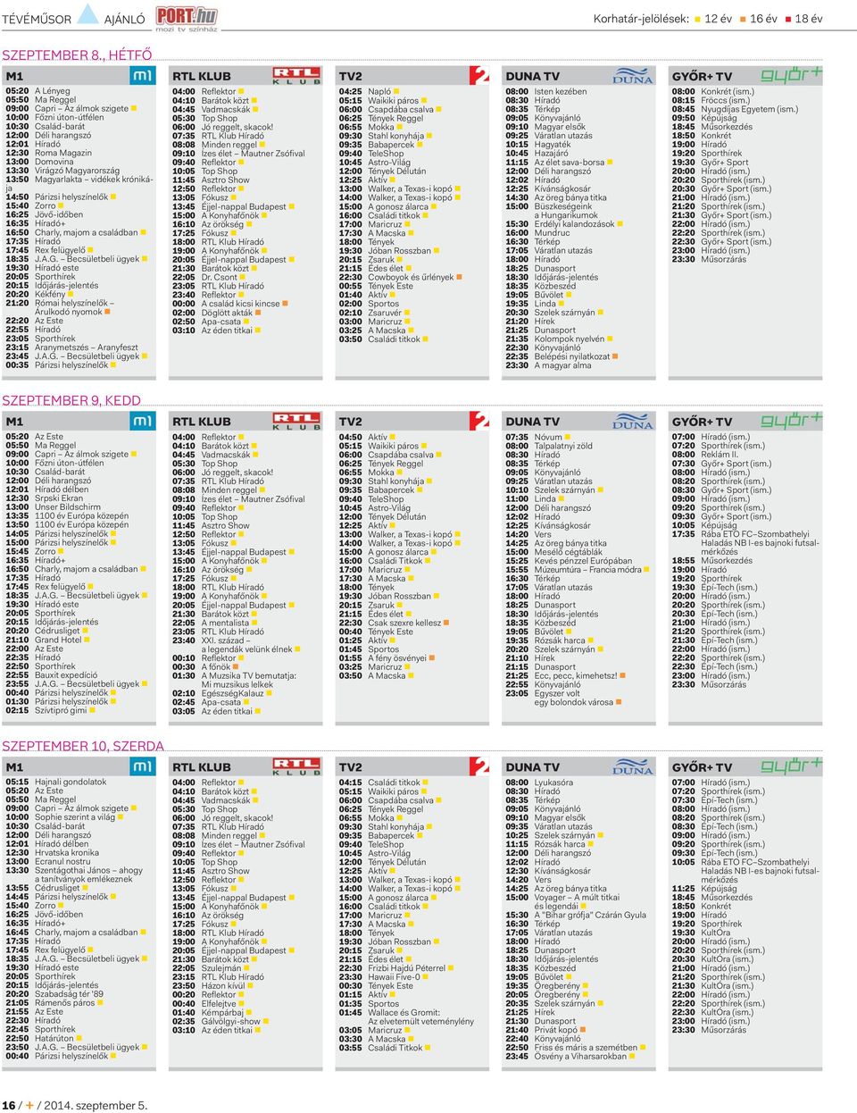 Magyarország 13:50 Magyarlakta vidékek krónikája 14:50 Párizsi helyszínelők 15:40 Zorro 16:25 Jövő-időben 16:35 Híradó+ 16:50 Charly, majom a családban 17:35 Híradó 17:45 Rex felügyelő 18:35 J.A.G.