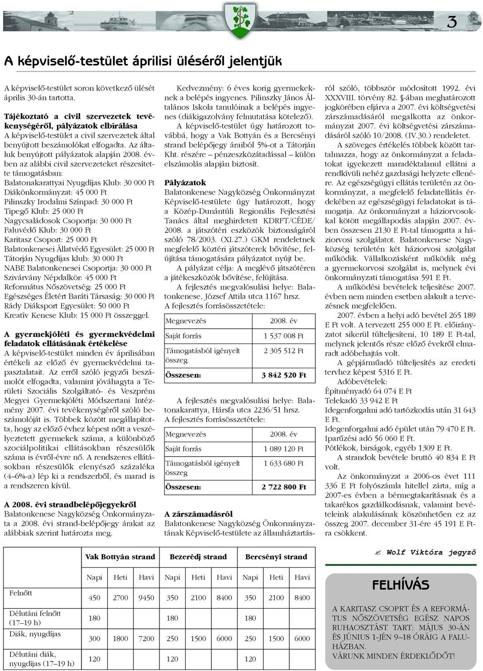 évben az alábbi civil szervezeteket részesítette támogatásban: Balatonakarattyai Nyugdíjas Klub: 30 000 Ft Diákönkormányzat: 45 000 Ft Pilinszky Irodalmi Színpad: 30 000 Ft Tipegõ Klub: 25 000 Ft