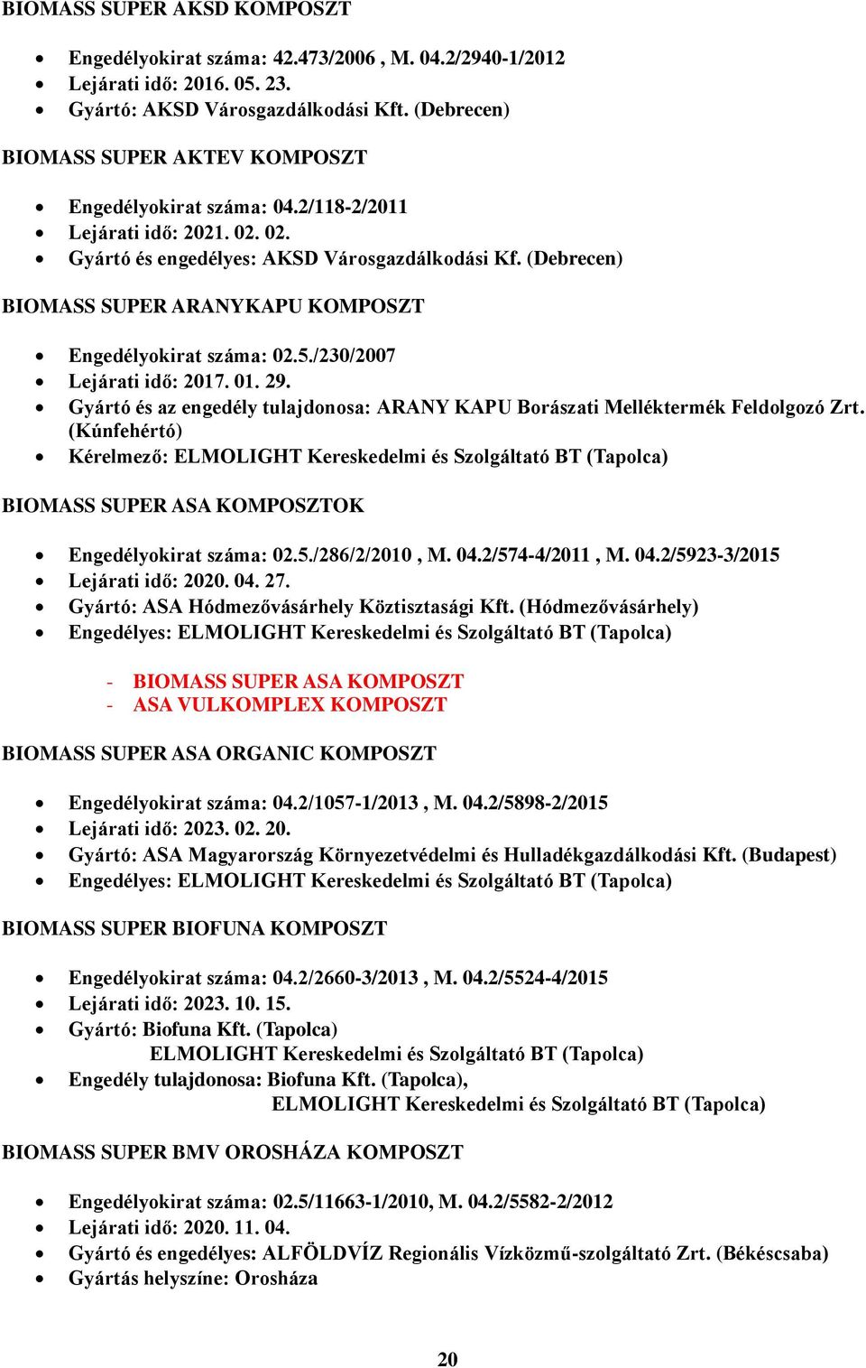 (Debrecen) BIOMASS SUPER ARANYKAPU KOMPOSZT Engedélyokirat száma: 02.5./230/2007 Lejárati idő: 2017. 01. 29. Gyártó és az engedély tulajdonosa: ARANY KAPU Borászati Melléktermék Feldolgozó Zrt.