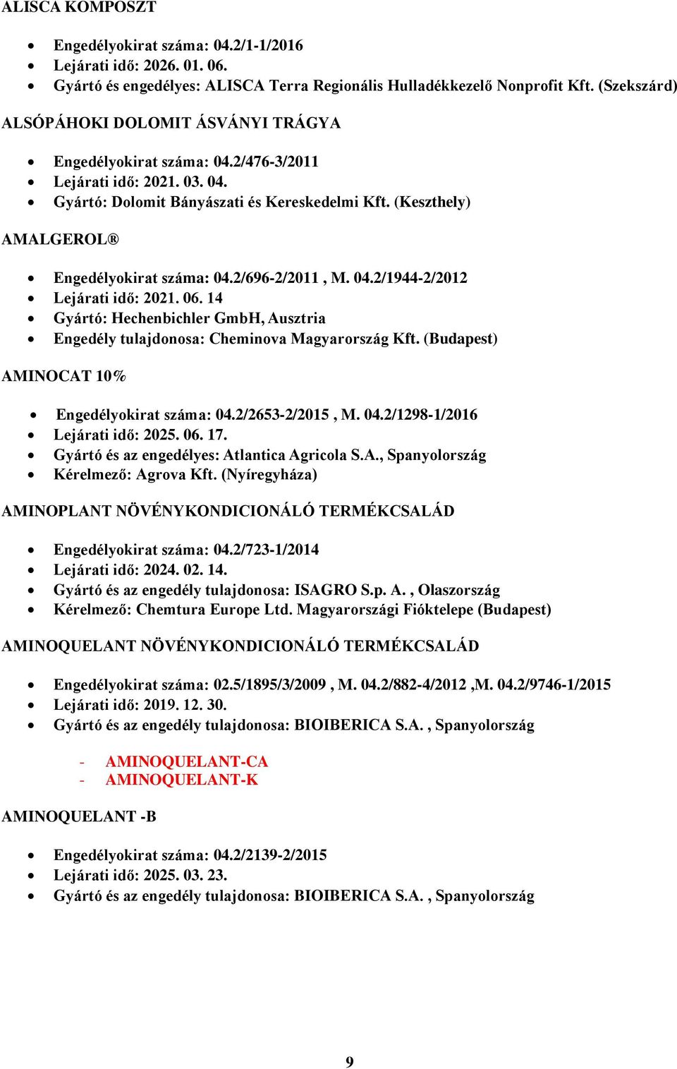 (Keszthely) AMALGEROL Engedélyokirat száma: 04.2/696-2/2011, M. 04.2/1944-2/2012 Lejárati idő: 2021. 06. 14 Gyártó: Hechenbichler GmbH, Ausztria Engedély tulajdonosa: Cheminova Magyarország Kft.