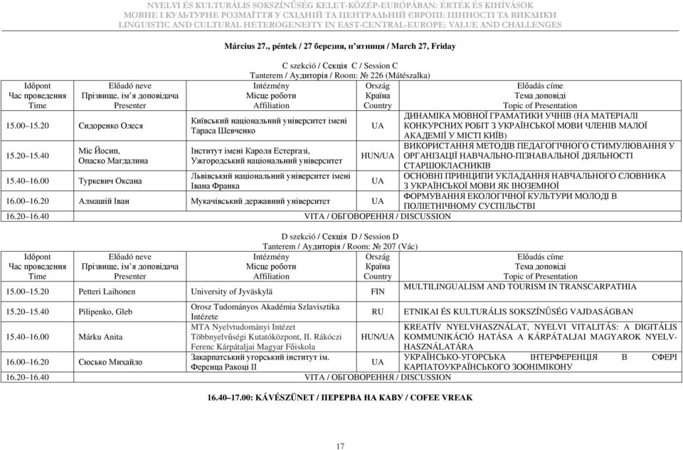 імені Кароля Естергазі, Ужгородський національний університет Львівський національний університет імені Івана Франка HUN/ 16.00 16.20 Алмашій Іван Мукачівський державний університет 16.20 16.