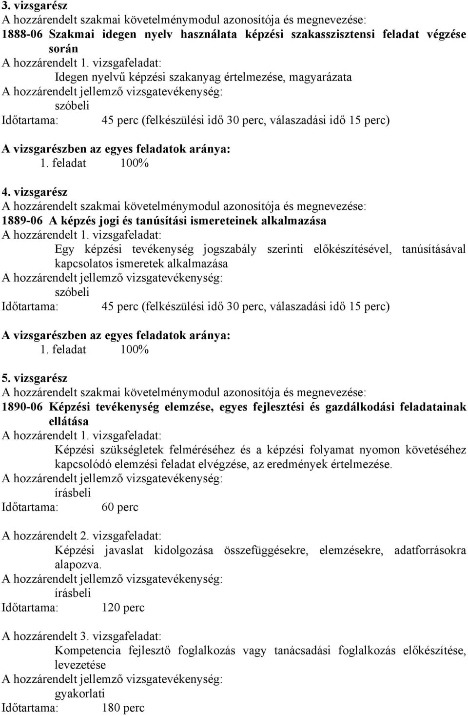 feladat 100% 4. vizsgarész A hozzárendelt szakmai követelménymodul azonosítója és megnevezése: 1889-06 A képzés jogi és tanúsítási ismereteinek alkalmazása A hozzárendelt 1.