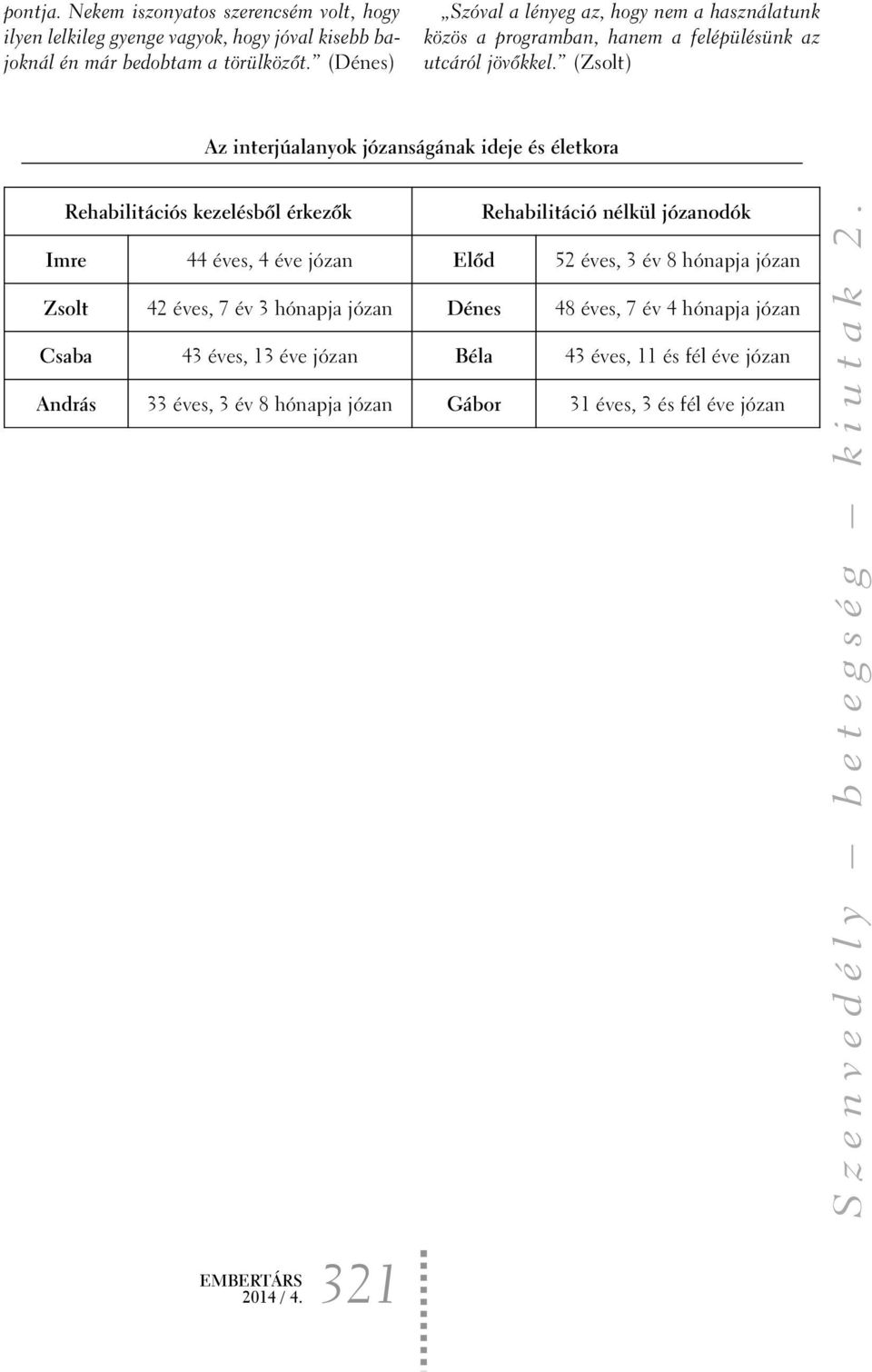 (Zsolt) Az interjúalanyok józanságának ideje és életkora Rehabilitációs kezelésbõl érkezõk Rehabilitáció nélkül józanodók Imre 44 éves, 4 éve józan Elõd 52