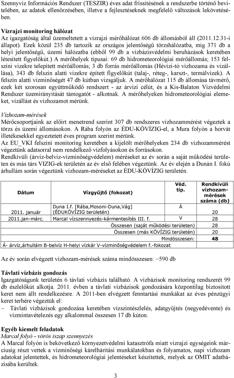 Ezek közül 235 db tartozik az országos jelentőségű törzshálózatba, míg 371 db a helyi jelentőségű, üzemi hálózatba (ebből 99 db a vízbázisvédelmi beruházások keretében létesített figyelőkút.