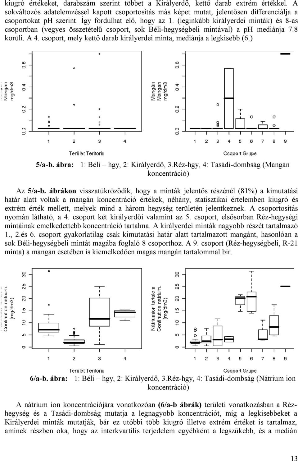 (leginkább királyerdei minták) és 8-as csoportban (vegyes összetételű csoport, sok Béli-hegységbeli mintával) a ph mediánja 7.8 körüli. A 4.