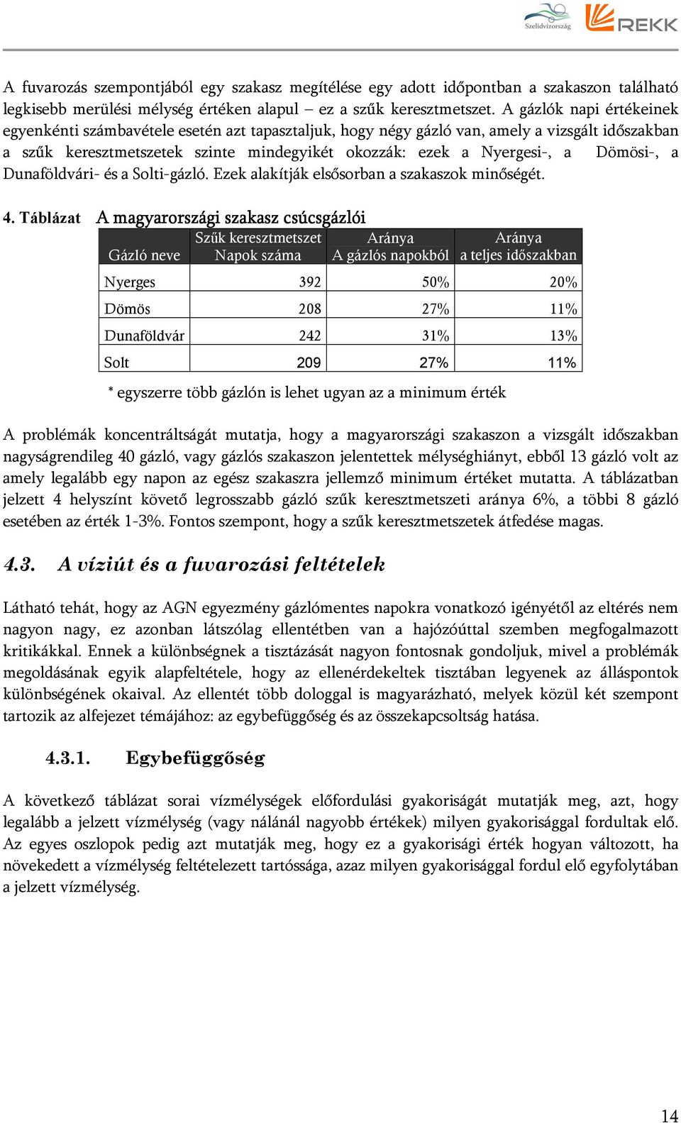 Dömösi-, a Dunaföldvári- és a Solti-gázló. Ezek alakítják elsősorban a szakaszok minőségét. 4.