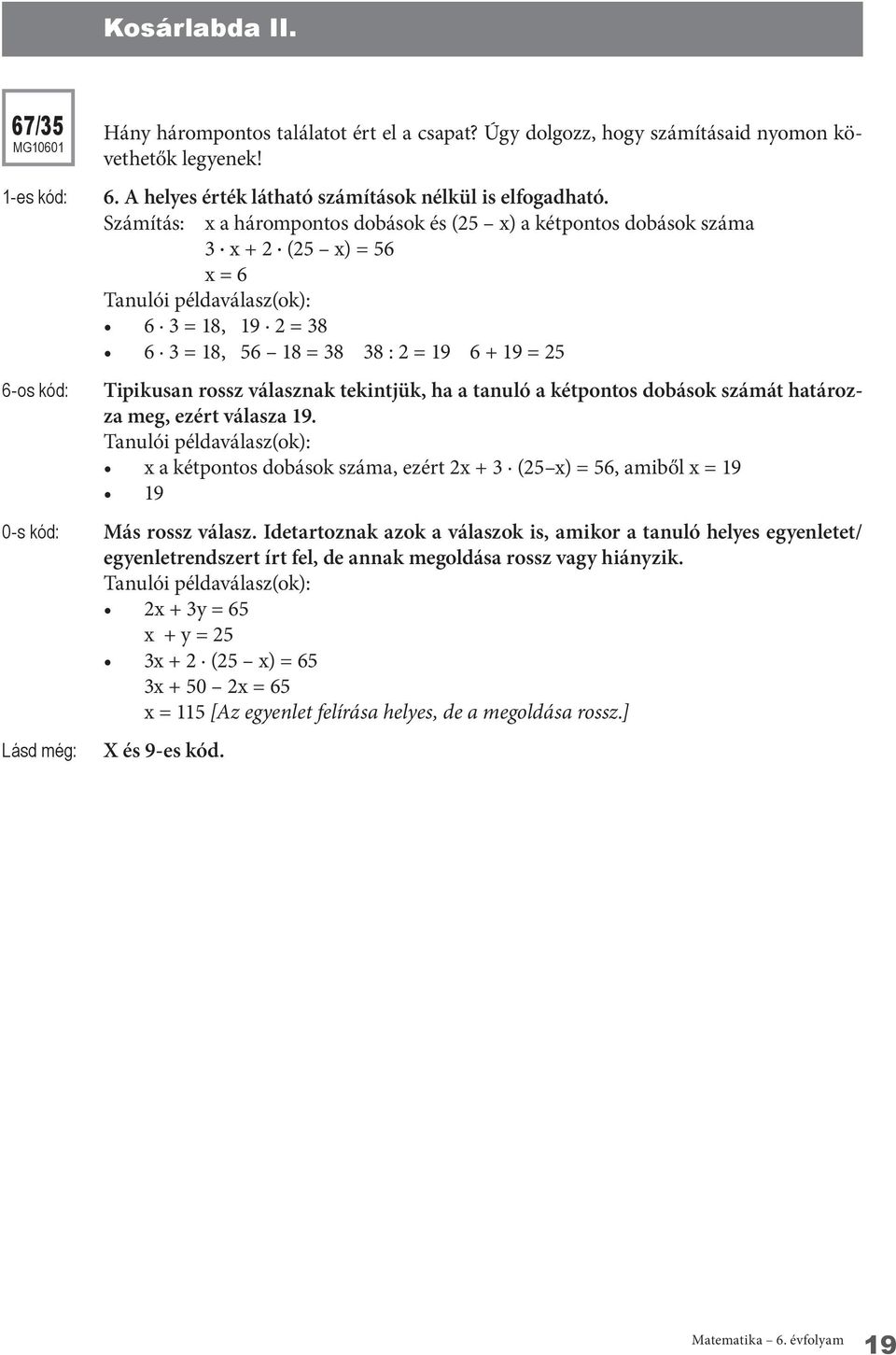 ha a tanuló a kétpontos dobások számát határozza meg, ezért válasza 19. x a kétpontos dobások száma, ezért 2x + 3 (25 x) = 56, amiből x = 19 19 0-s kód: Más rossz válasz.