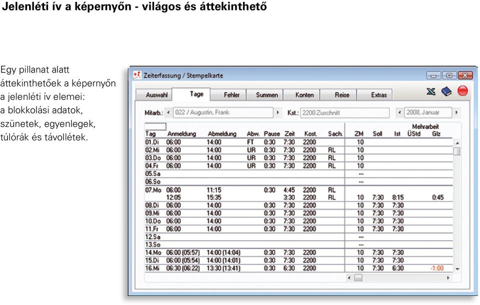 a képernyőn a jelenléti ív elemei: a