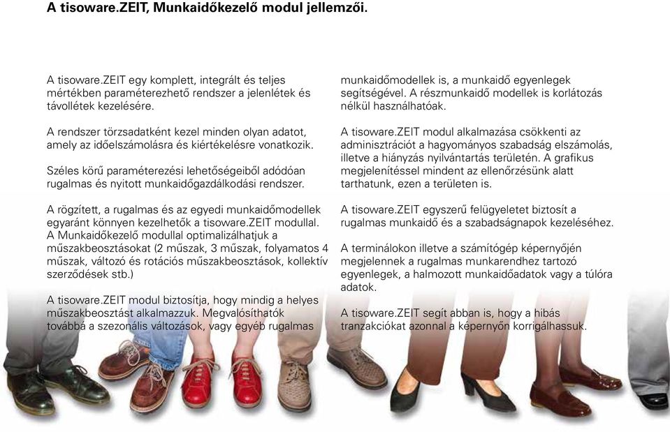 Széles körű paraméterezési lehetőségeiből adódóan rugalmas és nyitott munkaidőgazdálkodási rendszer. A rögzített, a rugalmas és az egyedi munkaidőmodellek egyaránt könnyen kezelhetők a tisoware.