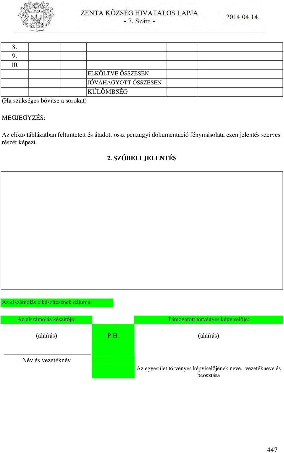 feltüntetett és átadott össz pénzügyi dokumentáció fénymásolata ezen jelentés szerves részét képezi. 2.