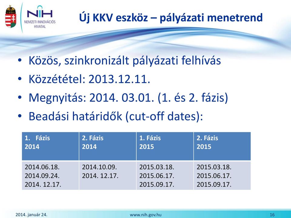 Megnyitás: 2014. 03.01. (1. és 2. fázis) 1. Fázis 2014 Beadási határidők (cut-off dates): 1.