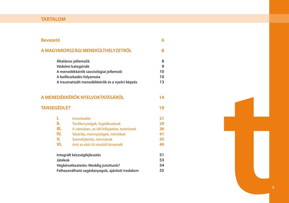 A városban, az idő kifejezése, testrészek IV. Vásárlás, mennyiségek, mértékek V. Személyleírás, névmások VI.