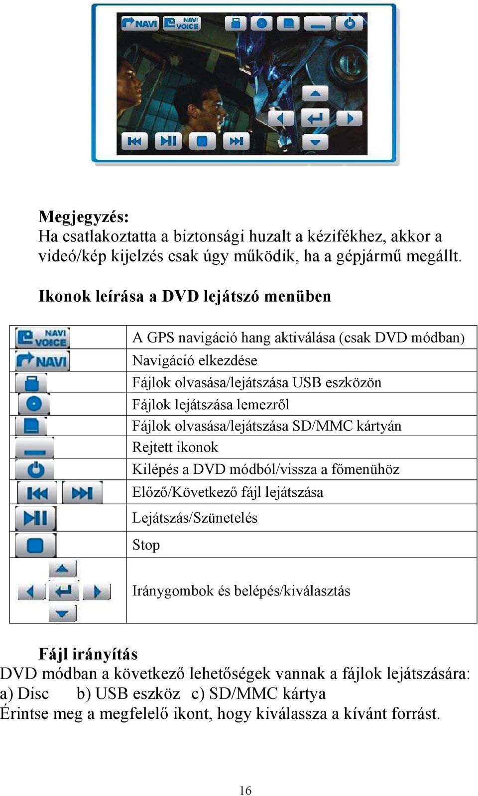 lemezről Fájlok olvasása/lejátszása SD/MMC kártyán Rejtett ikonok Kilépés a DVD módból/vissza a főmenühöz Előző/Következő fájl lejátszása Lejátszás/Szünetelés Stop