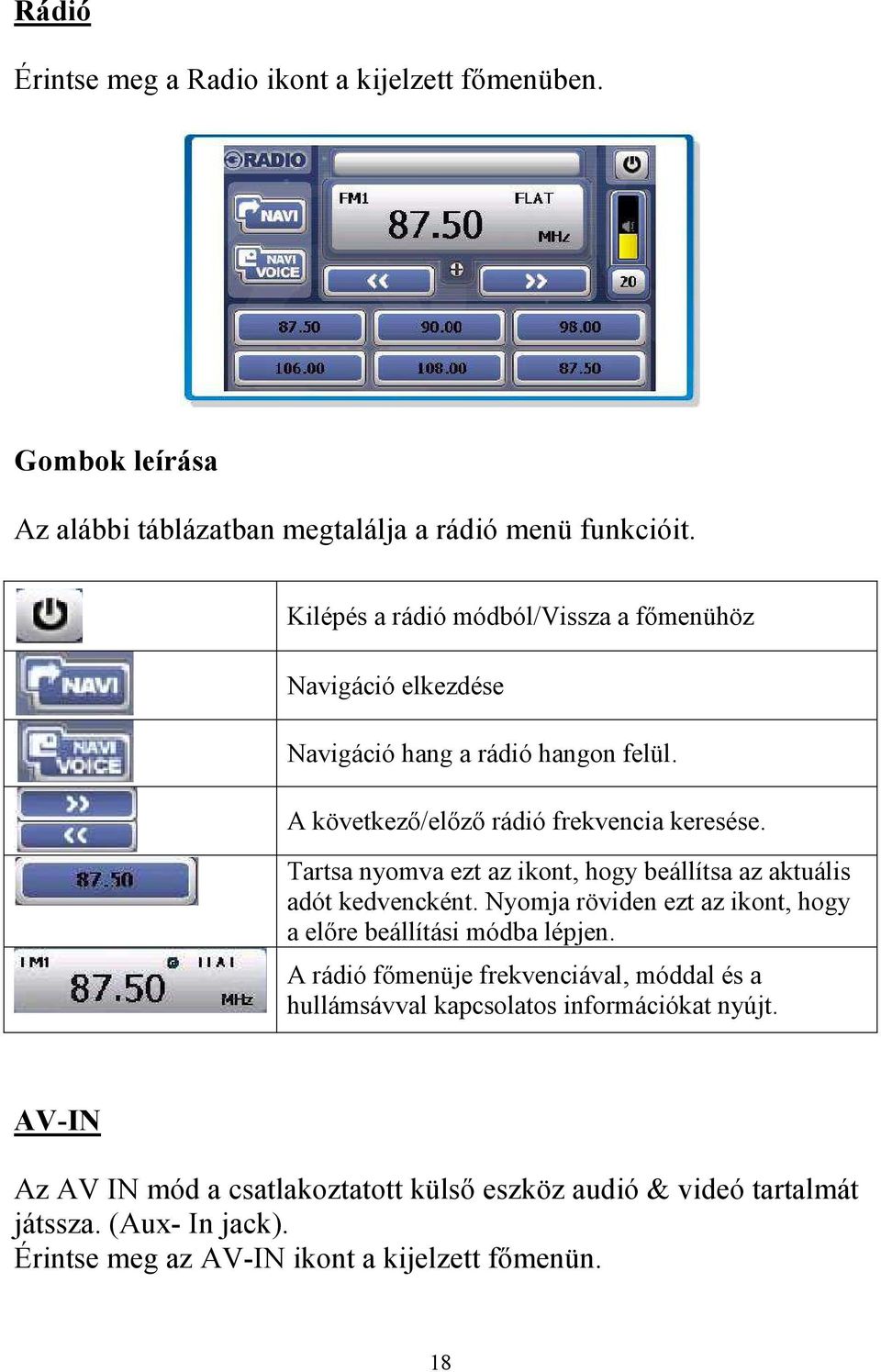 Tartsa nyomva ezt az ikont, hogy beállítsa az aktuális adót kedvencként. Nyomja röviden ezt az ikont, hogy a előre beállítási módba lépjen.