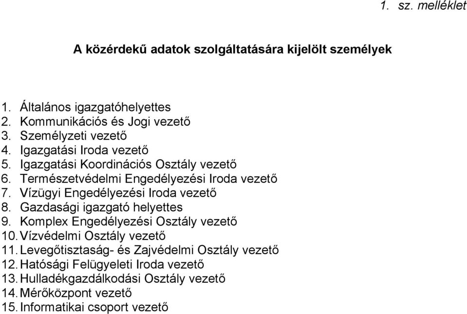 Vízügyi Engedélyezési Iroda vezető 8. Gazdasági igazgató helyettes 9. Komplex Engedélyezési Osztály vezető 10. Vízvédelmi Osztály vezető 11.