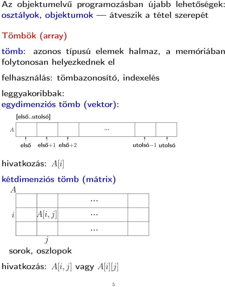 tömbazonosító, indexelés leggyakoribbak: egydimenziós tömb (vektor): [első..utolsó] A.