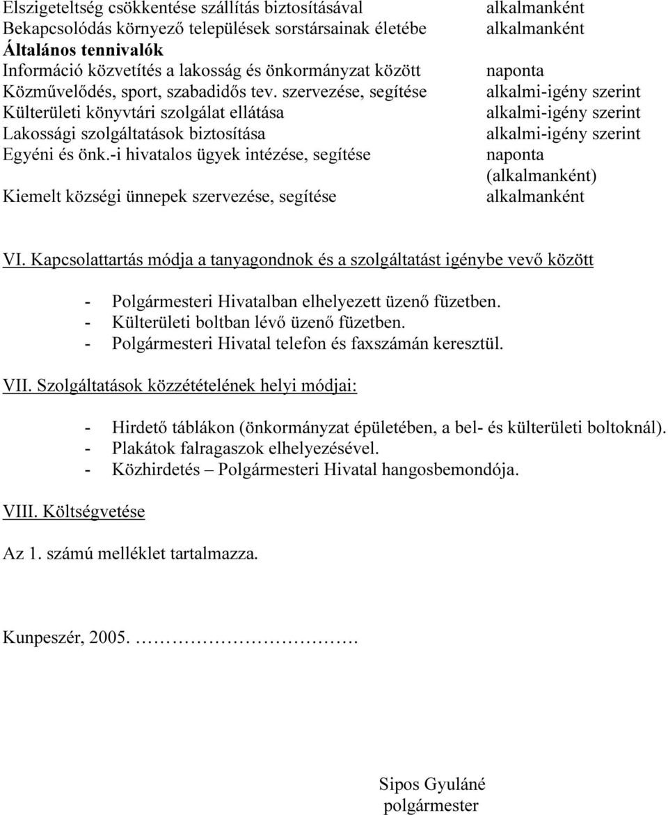 -i hivatalos ügyek intézése, segítése Kiemelt községi ünnepek szervezése, segítése alkalmanként alkalmanként naponta alkalmi-igény szerint alkalmi-igény szerint alkalmi-igény szerint naponta