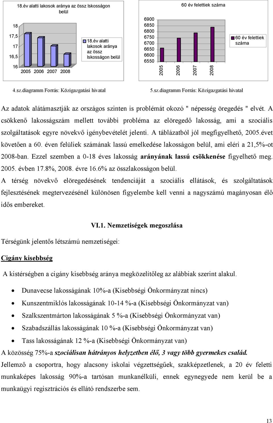 A csökkenő lakosságszám mellett további probléma az elöregedő lakosság, ami a szociális szolgáltatások egyre növekvő igénybevételét jelenti. A táblázatból jól megfigyelhető, 2005.évet követően a 60.