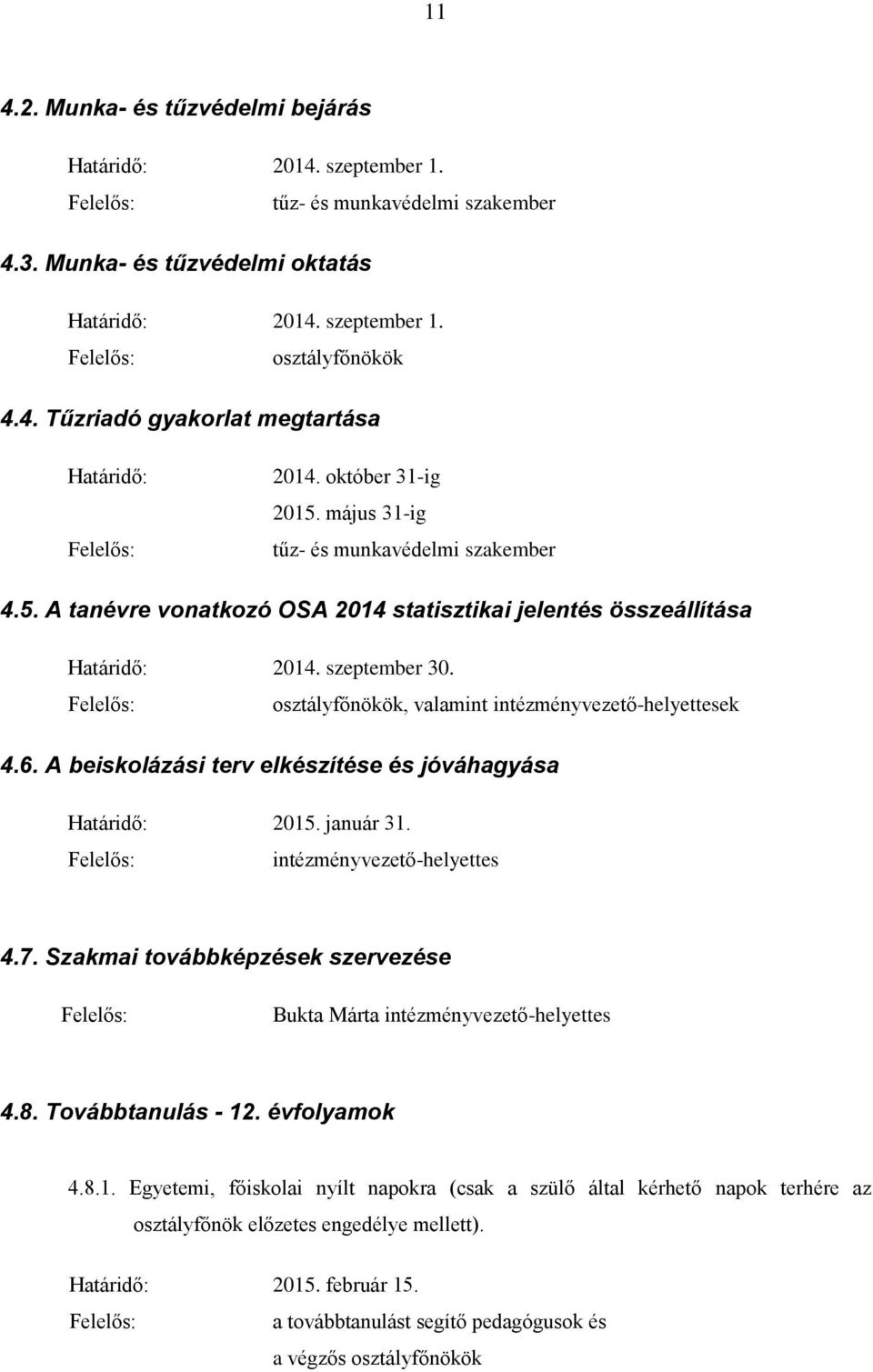 A beiskolázási terv elkészítése és jóváhagyása Határidő: 2015. január 31. intézményvezető-helyettes 4.7. Szakmai továbbképzések szervezése Bukta Márta intézményvezető-helyettes 4.8.