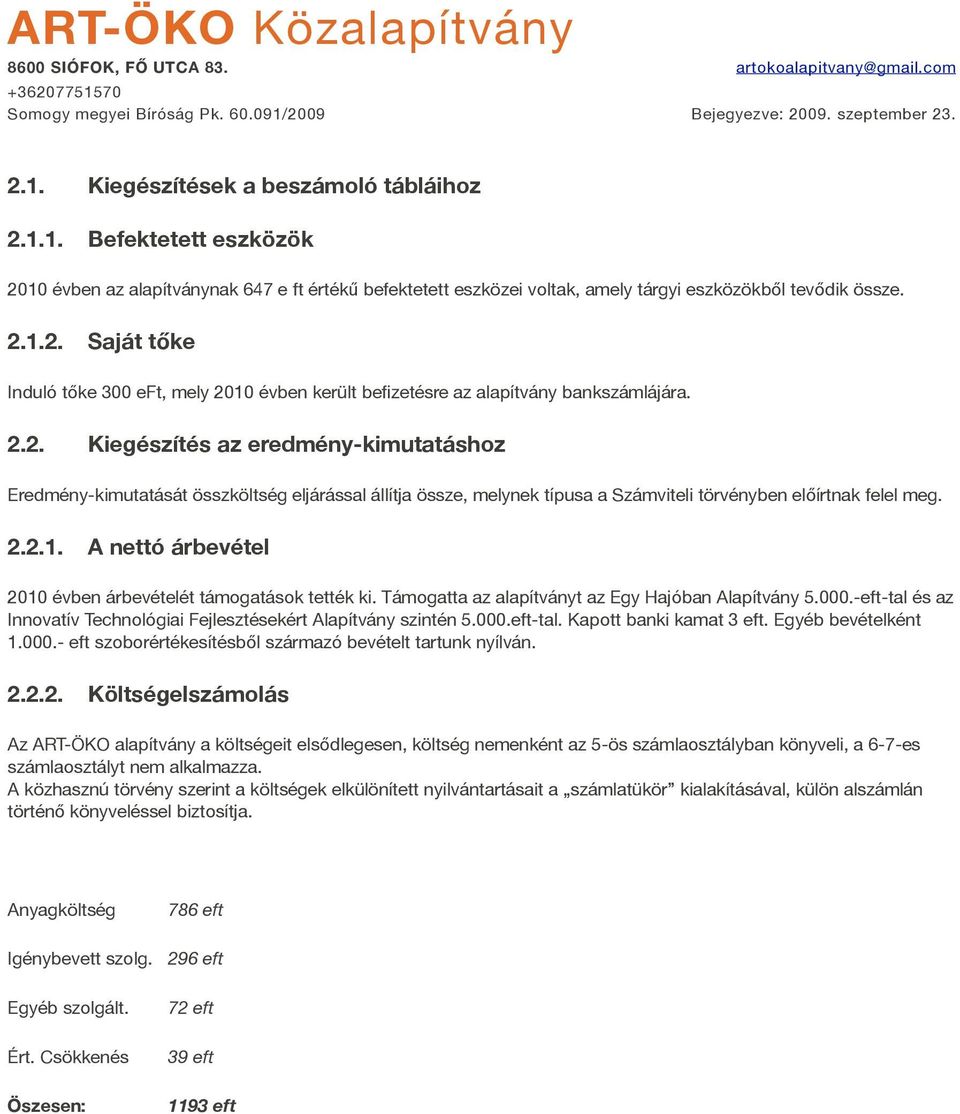 A nettó árbevétel 2010 évben árbevételét támogatások tették ki. Támogatta az alapítványt az Egy Hajóban Alapítvány 5.000.-eft-tal és az Innovatív Technológiai Fejlesztésekért Alapítvány szintén 5.000.eft-tal. Kapott banki kamat 3 eft.